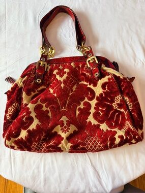 Adrienne Vittadini Red and Cream Damask Tote with Gold Hardware
